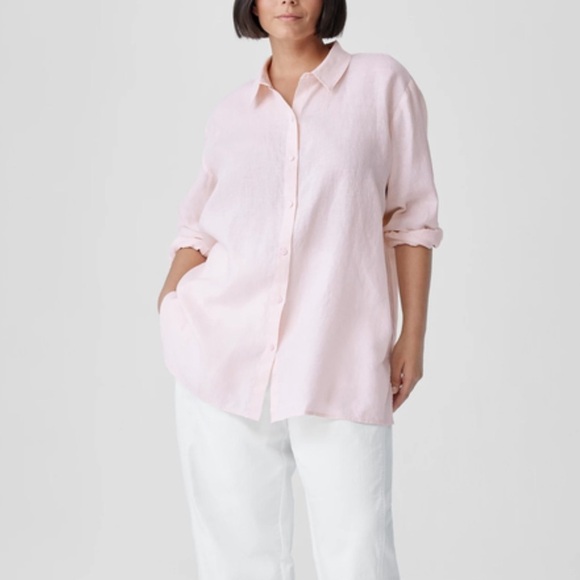 Eileen Fisher Coral Women Button Down Long Sleeves Shirt Size L Linen - Picture 1 of 8